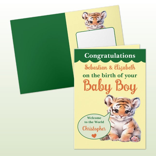 Carte Tigre mignon ajouter des noms orange vert garçon b (Créateur téléchargé)