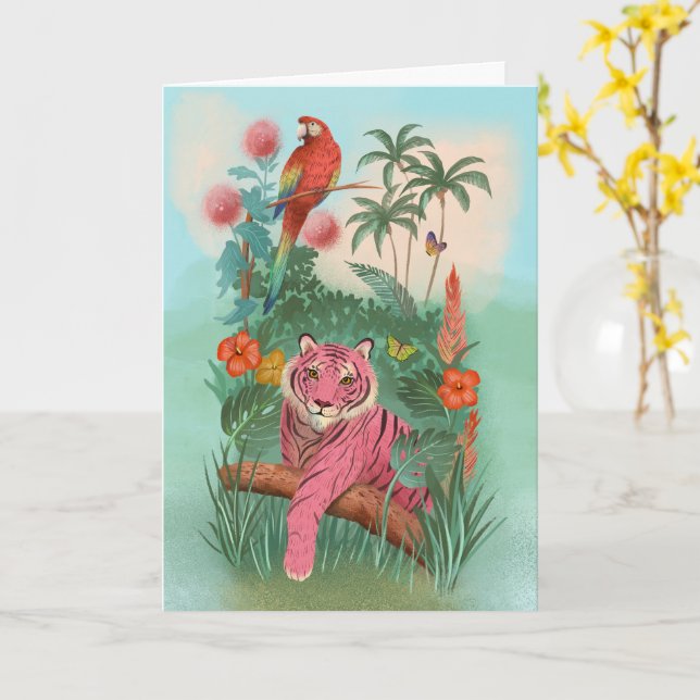 Carte Tigre rose et perroquet Tropical Jungle Blank (Fleur jaune)