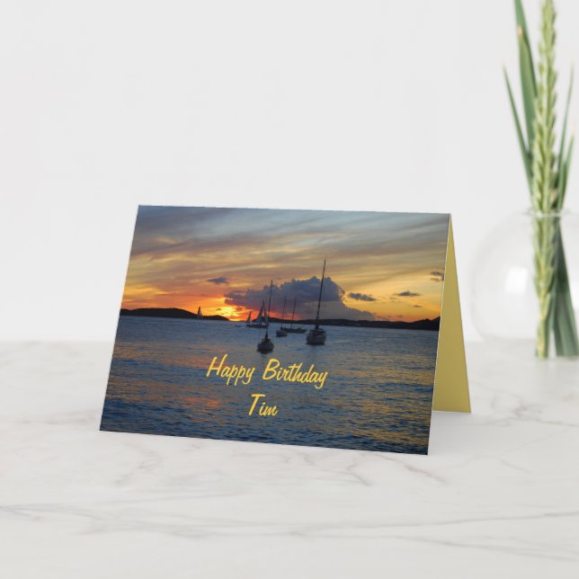 Carte Tim Happy Birthday Sailboats au coucher du soleil (Devant)