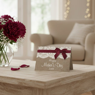 Carte Toile de jute, dentelle et nœud rouge Bonne fête d