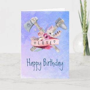 Carte Tomahawk Feathers and Flowers Happy Birthday