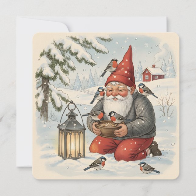 Carte Tomte scandinave vintage avec oiseaux (Devant)