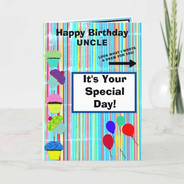 Carte Tonton Ballons Cupcakes Rayures NOM (Devant)