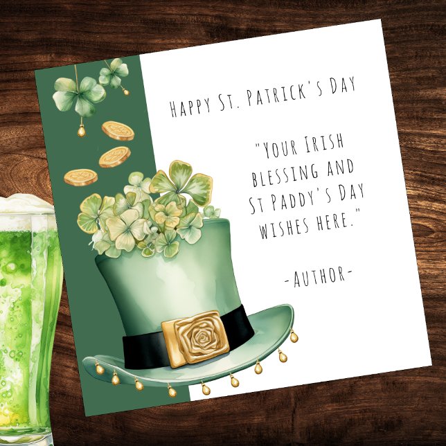 Carte Top Hat irlandais et pièces d'or (Customize with your Irish Blessing or St Patrick's Day wishes on the front and back of this card)