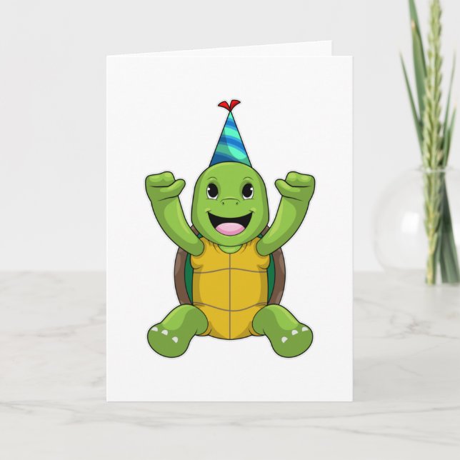 Carte Tortue à l'anniversaire avec chapeau de fête (Devant)