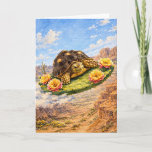 Carte Tortue à l'aquarelle volant sur un coussin de cact
