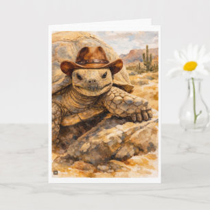 Carte Tortue cowboy aquarelle dans le désert