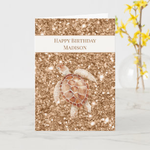Carte Tortue de mer Anniversaire Faux Paillettes Dorées