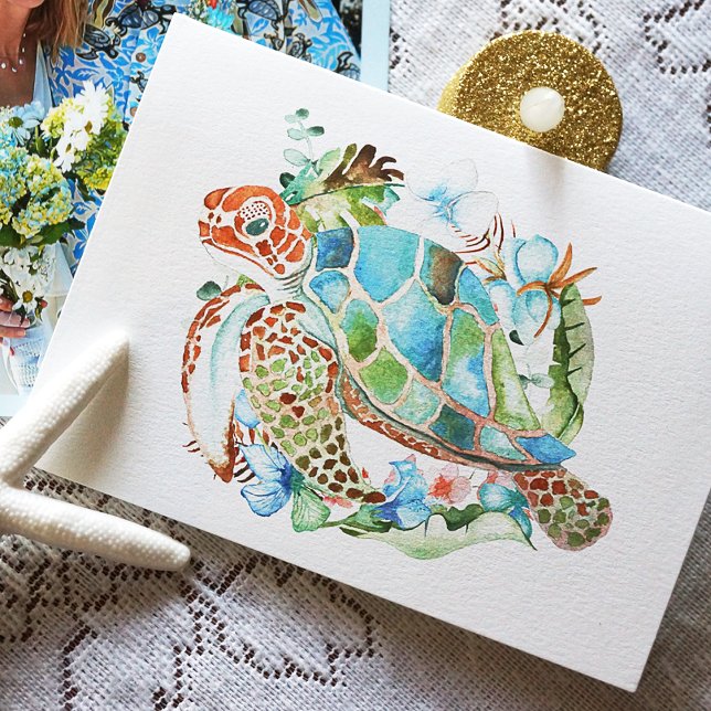 Carte Tortue de mer, bleu Aqua Hibiscus Banana Feuille c (Blank Notecard with a Watercolor Sea Turtle and Tropical Leaves in Sea Blue and Green)
