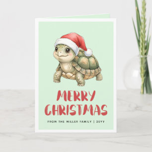 Carte Tortue de Noël à chapeau de Père Noël aquarelle pe
