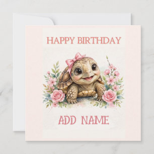 Carte Tortue femelle : Nœud papillon et fleurs pastel po