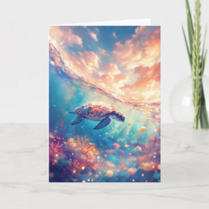 Carte Tortue parmi le coucher de soleil et le récif de c