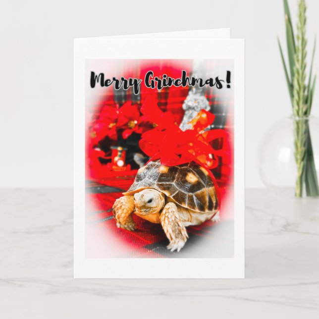 Carte Tortue sulcata bébé Joyeuse Grinchmas avec arc rou (Devant)
