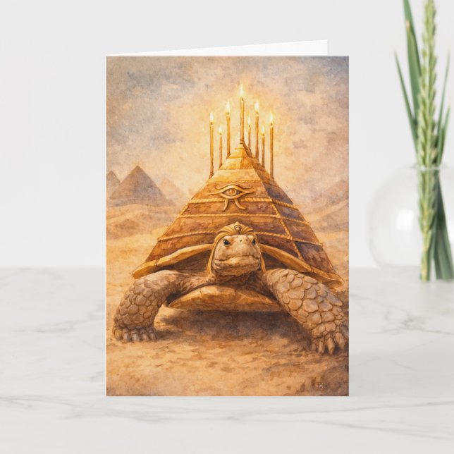 Carte Tortue Sulcata gâteau d'anniversaire pyramide égyp (Devant)