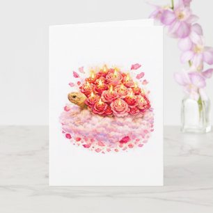 Carte Tortue Sulcata roses d'anniversaire roses et rouge
