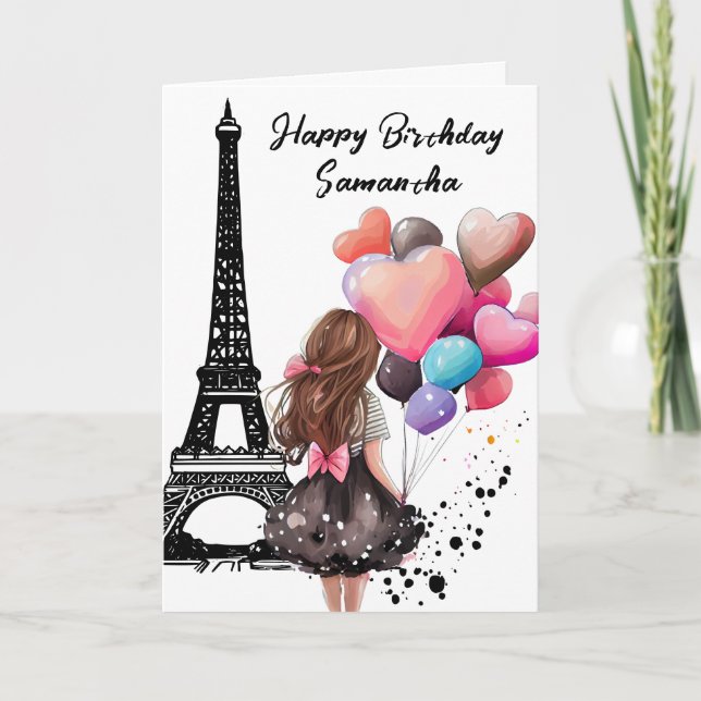 Carte Tour Eiffel Chic, Fille, Ballons Coeur Anniversair (Devant)