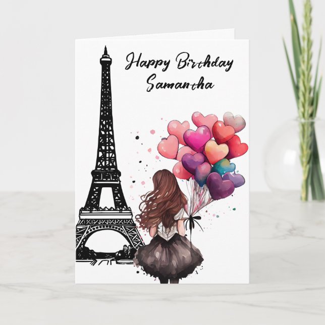Carte Tour Eiffel Chic, Fille, Ballons Coeur Anniversair (Devant)