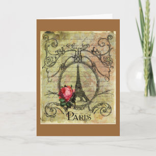 Carte Tour Eiffel Paris et Rose Rouge Steampunk