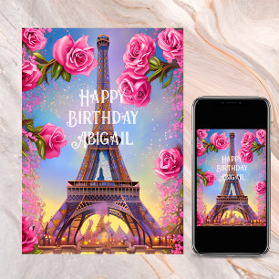 Carte Tour Eiffel personnalisée Roses roses rose Chic An