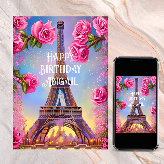 Carte Tour Eiffel personnalisée Roses roses rose Chic An (Personalized Eiffel Tower Pink Roses Chic Birthday Card)