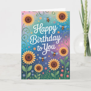 Carte Tournesol coloré et abeille Joyeux anniversaire