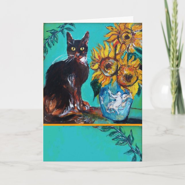 Carte Tournesols avec chat noir en bleu turquoise (Devant)