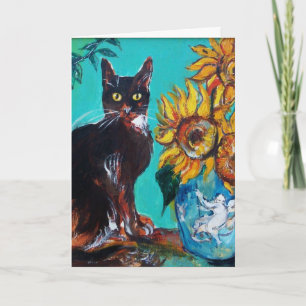 CARTE TOURNESOLS AVEC CHAT NOIR EN TURQUOISE BLEU