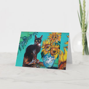 CARTE TOURNESOLS AVEC CHAT NOIR EN TURQUOISE BLEU