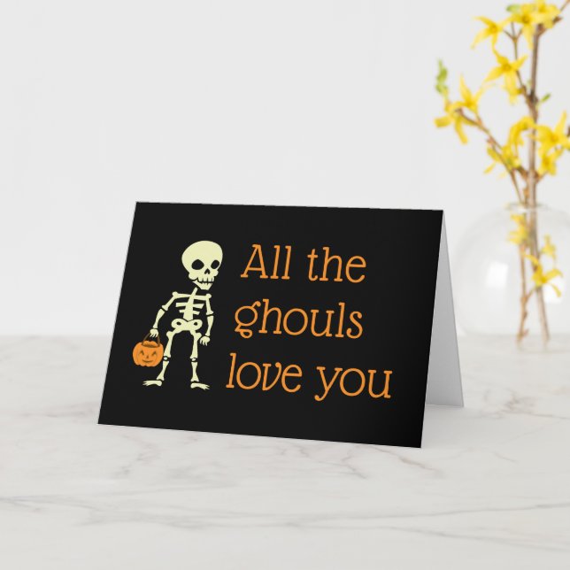 Carte Tous les goules vous aiment squelette Halloween (Fleur jaune)