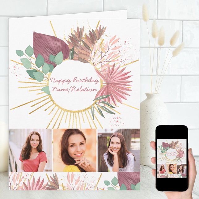 Carte Tout âge 3 photo Collage personnalisé Boho Anniver (Créateur téléchargé)