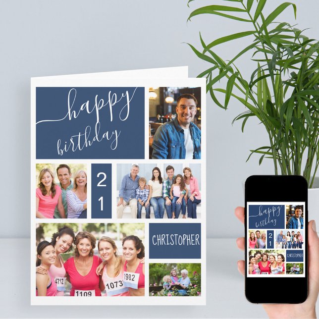 Carte Tout âge 5 Photo Collage Bleu Personnalisé Anniver (Créateur téléchargé)