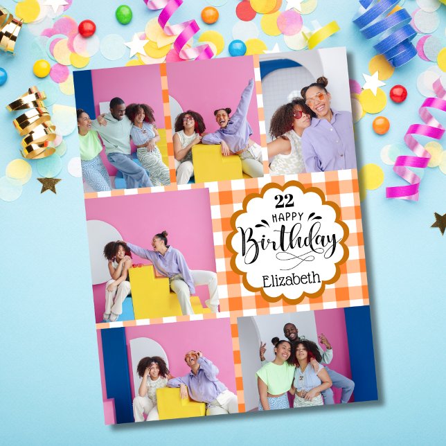 Carte Tout âge Feminine Orange 7 Photo Collage Anniversa (Créateur téléchargé)