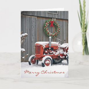 Carte Tracteur agricole rouge de Noël dans la neige