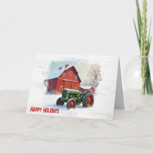 Carte Tracteur de la ferme verte de Noël et grange rouge