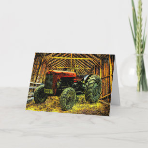 Carte Tracteur rouge antique Grange rustique