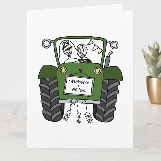 Carte Tracteur vert personnalisé Pays Barne Mariage rust (Petite plante)