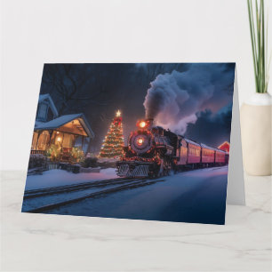 Carte Train à vapeur traversant une ville de Noël