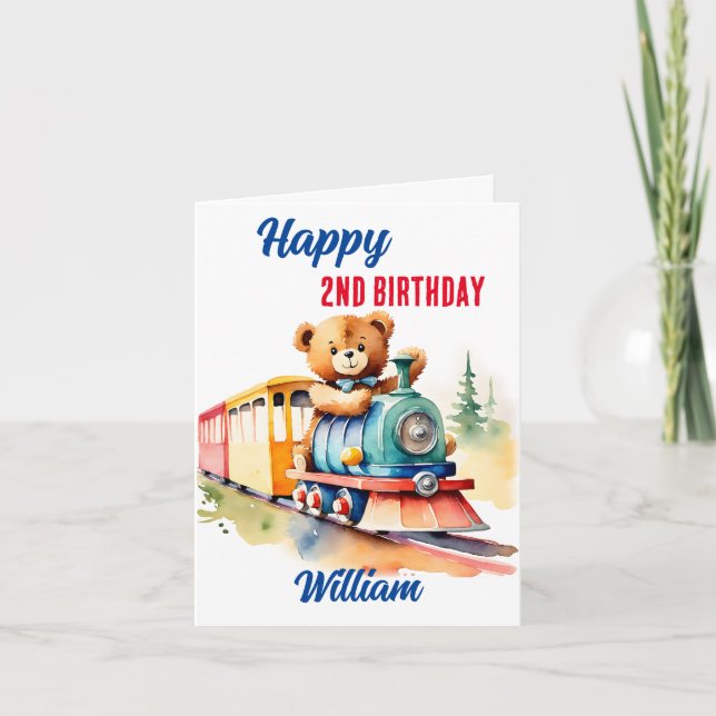 Carte Train d'anniversaire mignon ours en peluche en tra (Devant)