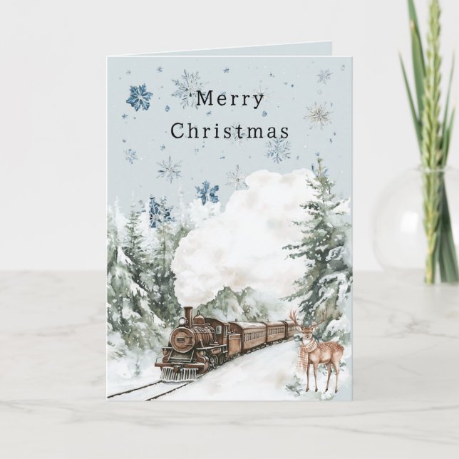Carte Train de cerfs de Noël aux flocons de neige bleus (Devant)