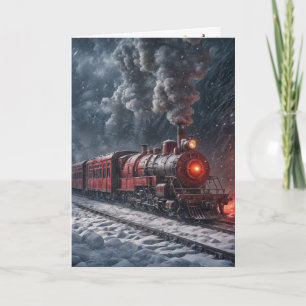 Carte Train de neige vintage rouge de Noël