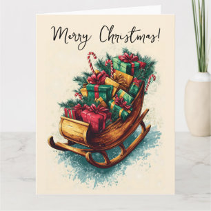 Carte Traîneau vintage rempli de cadeaux de Noël