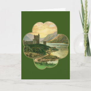 Carte Trèfle doré chanceux vintage avec un château irlan