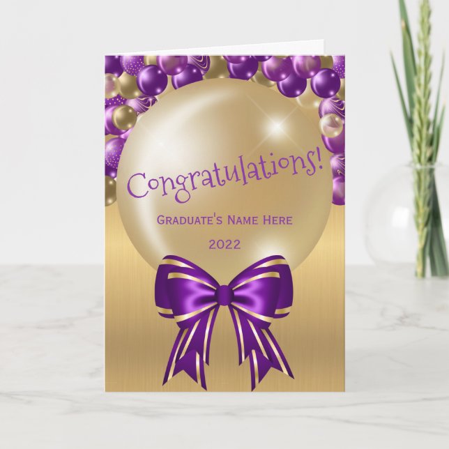 Carte Trendy Purple Gold Balloon Bow Graduation (Devant)
