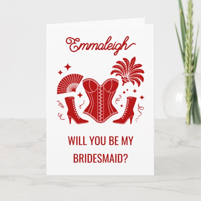 Carte Trendy Red Las Vegas Showgirl Bridesmaid Proposal (Devant)