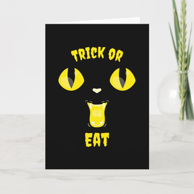Carte Trick or Eat Drôle Chat de Halloween Affamé (Devant)