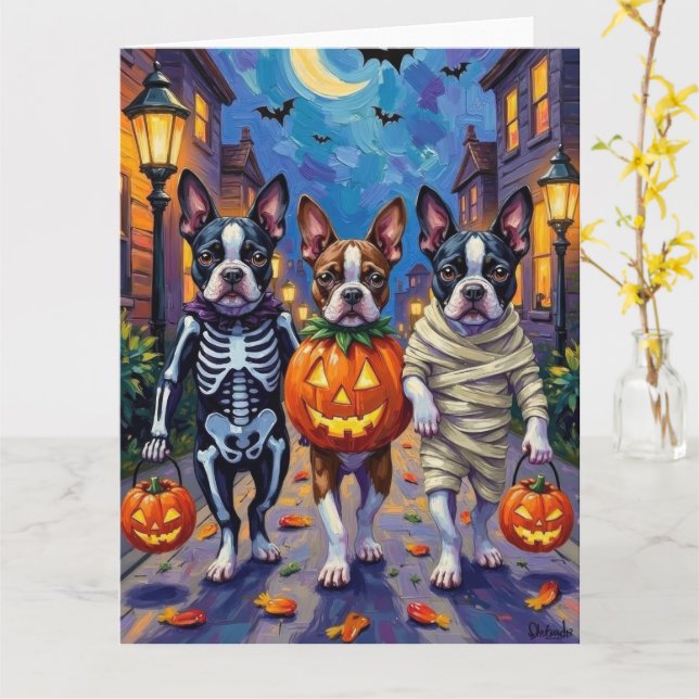 Carte Trick-ou-traite des chiens de Boston Terrier à Hal (Fleur jaune)