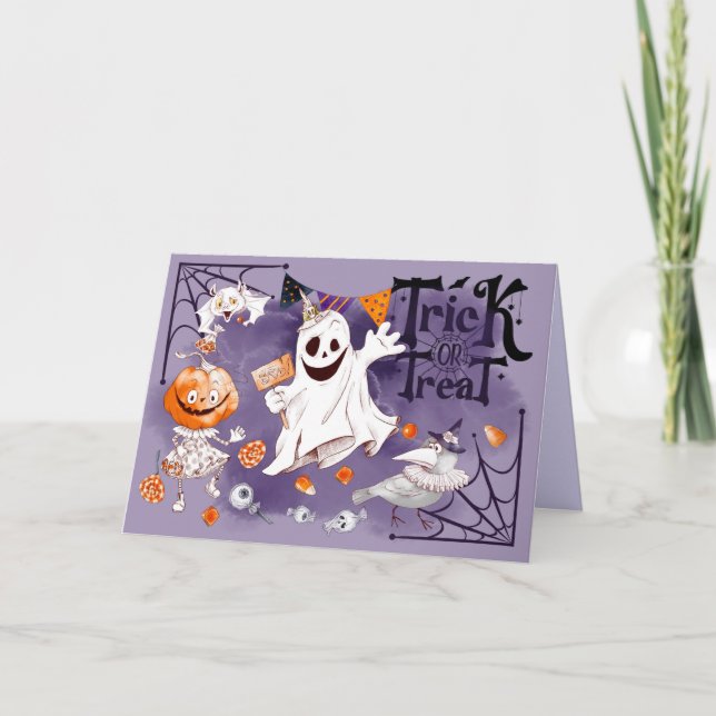 Carte Trick ou Treat. Fun Ghost, Fille Citrouille, Corbe (Devant)