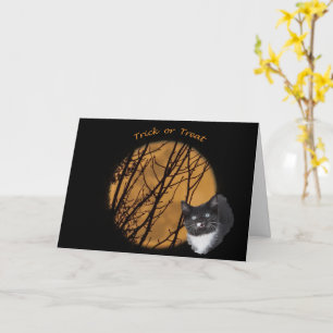 Carte Tricoter ou traiter Halloween chat noir & lune