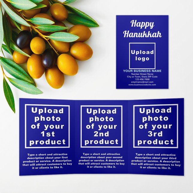 Carte triple bleue Hanoukka Business (Hanukkah greeting, business brand and products on blue trifold card)