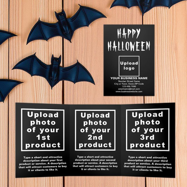 Carte triple Halloween Noire d'affaires (Business brand and products on black Halloween trifold card)